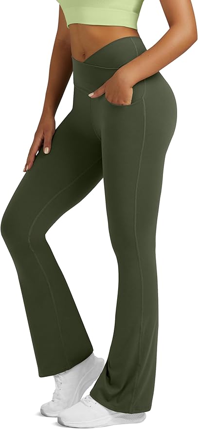 Flare Leggings for Women Yoga Pants with Pockets High Waisted Crossover Flare Leggings Bootcut Casual Yoga Pants