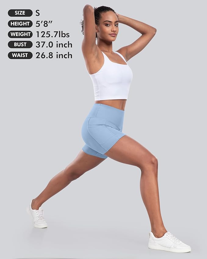 CHRLEISURE Womens Biker Yoga Shorts with Pocket, High Waisted Tummy Control 5 Inch Workout Spandex Athletic Gym Shorts