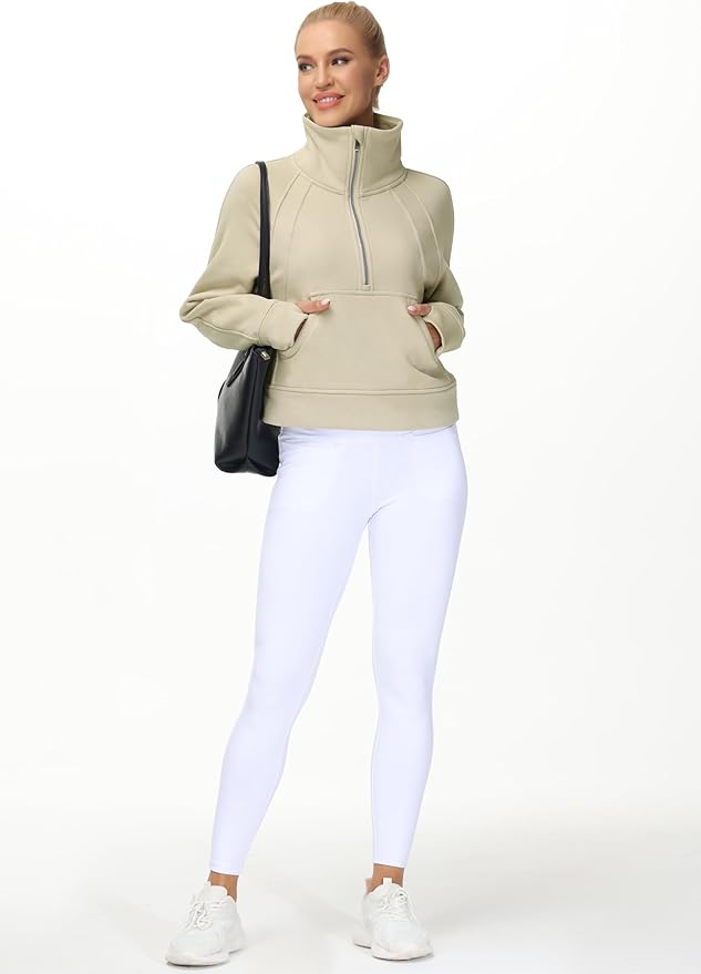 THE GYM PEOPLE Womens' Half Zip Pullover Fleece Stand Collar Crop Sweatshirt with Pockets Thumb Hole