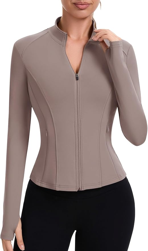 ZHENWEI Workout Jackets for Women Full Zip Up Cropped Athletic Long Sleeve Lightweight Slim Fit Running Tops with Pockets