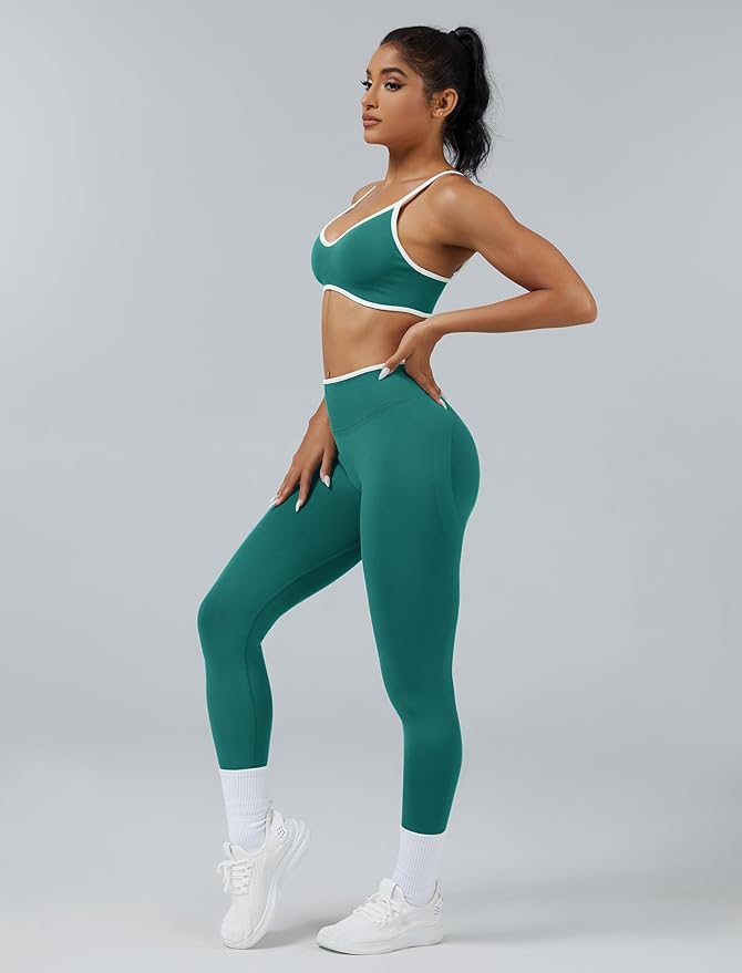 ABOCIW Womens 2 Piece Workout Sets Seamless Color Block Sports Bra Scrunch Butt Lifting High Waist Leggings Gym Set