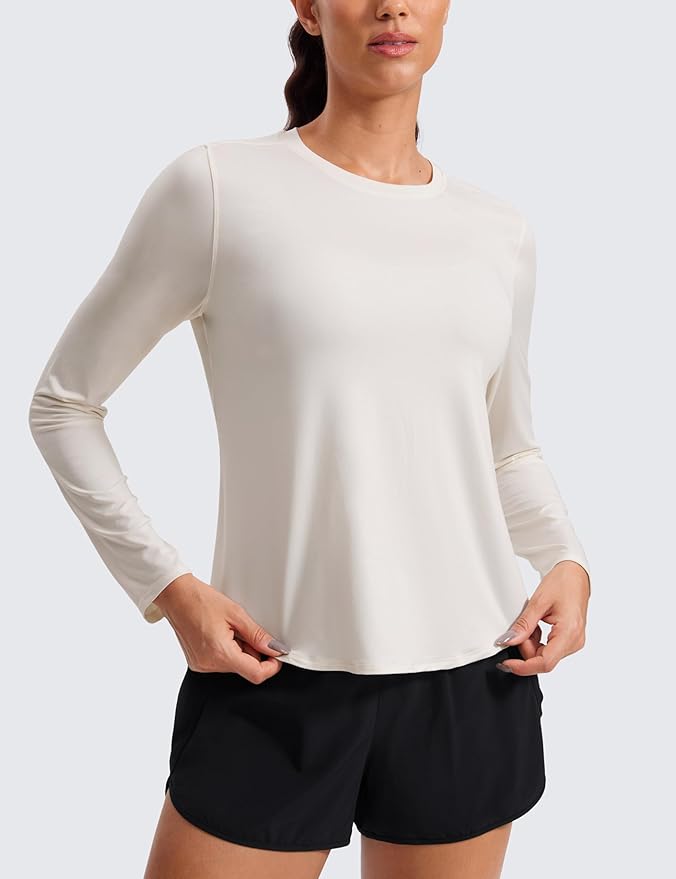 CRZ YOGA Lightweight Workout Long Sleeve Shirts for Women - Gym Running Fall Athletic Training T-Shirts High Neck Tops