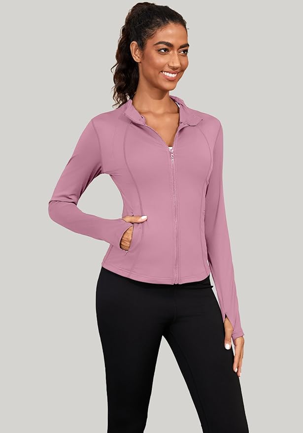 Bosmeer Workout Jackets for Women Lightweight Zip Up Slim Fit Yoga Sportwear Stretchy Crooped Running Jacket with Thumb Holes