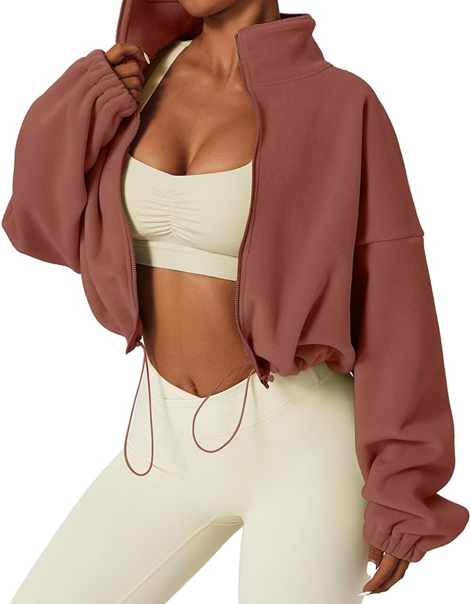 QINSEN Women's Full Zip Fleece Short Jacket Warm Winter Long Sleeve Stand Collar Sherpa Crop Coat