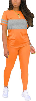 Two Piece Sets for Women Summer Short Sleeve Striped Crewneck Slim Fit Active Casual Sweatsuits