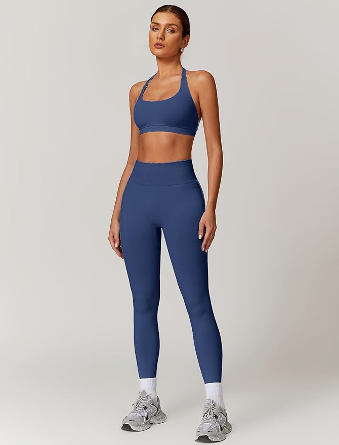 ABOCIW Workout Sets for Women Seamless Scunch Butt Lifting Impact Leggings Halter Sports Bra 2 Piece Gym Outfits