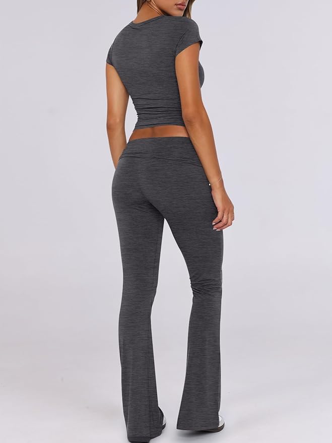 ANRABESS Lounge Sets for Women 2 Piece Foldover Yoga Flare Leggings Pants Crop Tops Casual Y2K Outfits Matching Tracksuit Set