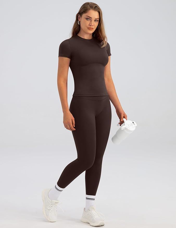 Relety Womens Two Piece Workout Sets Slim Fit Short Sleeve Shirt High Waist Leggings Yoga Outfits Matching Gym Set
