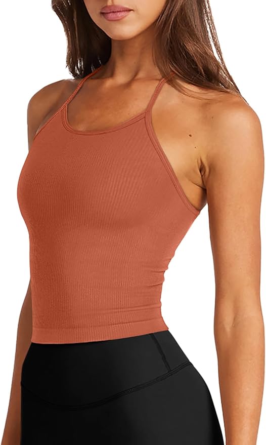 LASLULU Womens Sports Bra Seamless Long Crop Tank Racer Back Spaghetti Strap Workout Yoga Bra Padded Halter Neck Casual Tops