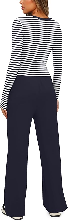 Darong Women's 2 Piece Outfits Lounge Sets 2026 Long Sleeve Tops Wide Leg Pants Casual Matching Set