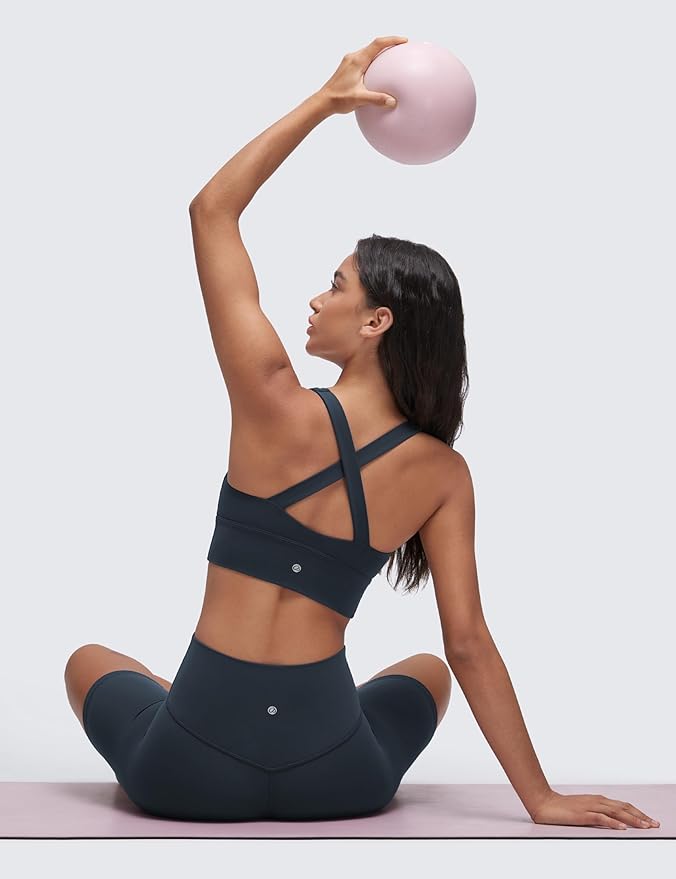 CRZ YOGA Butterluxe Ruched Longline Sports Bras for Women - V Neck Padded Yoga Tank Wide Straps Cross Back Crop Tops