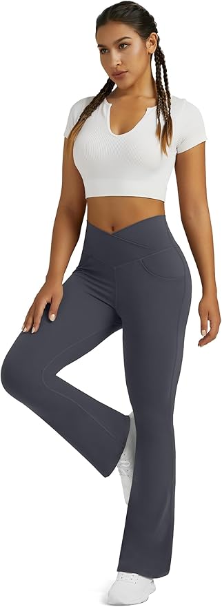 Flare Leggings for Women Yoga Pants with Pockets High Waisted Crossover Flare Leggings Bootcut Casual Yoga Pants