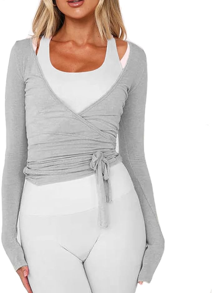 Women Wrap Top Long Sleeve Deep V Neck Cross Tie Workout Ballet Pilates Yoga Shirt