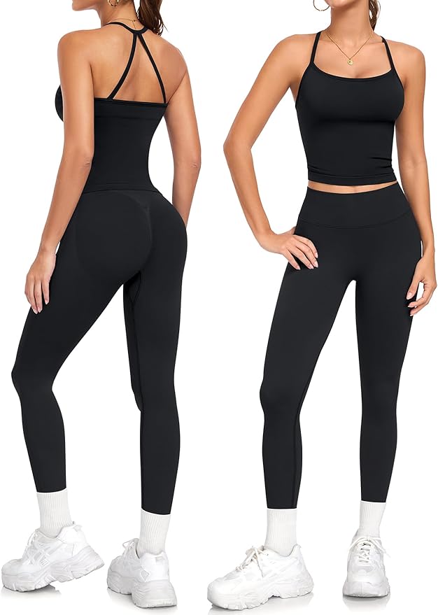 2 Piece Workout Sets for Women Halter Neck Cross Back Tank Top Macthing High Waist Leggings Sets Gym Outfits