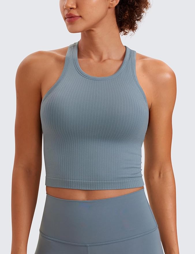 CRZ YOGA Seamless Ribbed High Neck Crop Tank Tops for Women - Longline Racerback Padded Sports Bras