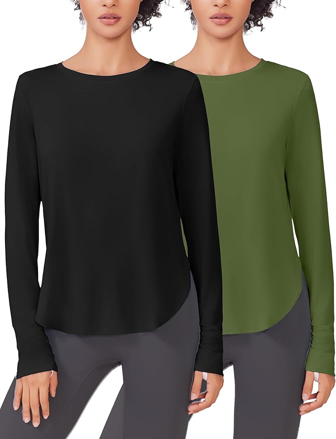 PINSPARK 2 Pack Long Sleeve Workout Tops for Women UV Protection Soft Workout Tops Lightweight Athletic Running Hiking Shirt