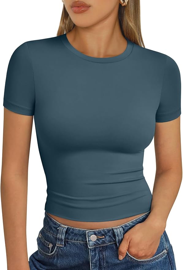 Trendy Queen Womens Short Sleeve T Shirts - Buttery Soft Summer Crop Tops Slim Fit Y2k Basic Tees for Workout