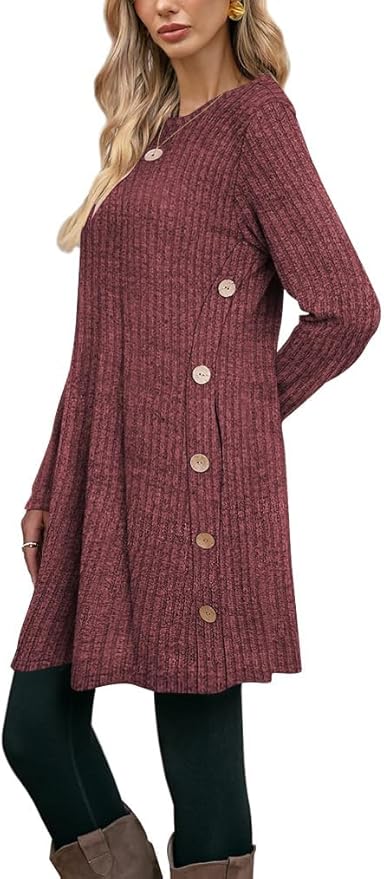 Poetsky Women Long Sleeve Tunic Tops to Wear with Leggings Side Buttons Long Shirts Rib Sweater Dress with Pockets S-3XL