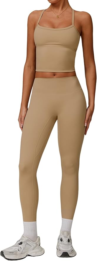 QBGJTD Womens Workout Sets Two Piece Cross Back Tank Top Matching High Waist Leggings Sets Gym Outfits Work Out Clothes