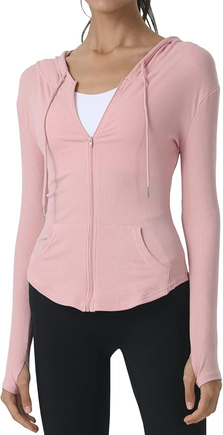 Locachy Womens Slim Fit Full Zip Hoodie Athletic Jacket Yoga Workout Running Jackets with Thumb Holes