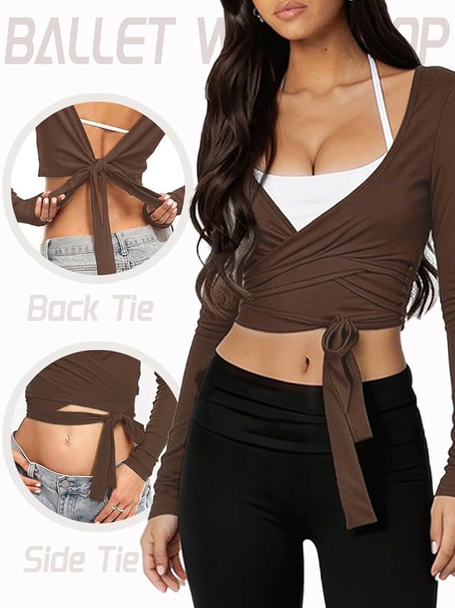 Danysu Ballet Wrap Tops Long Sleeve Cross Tie Crop Shirts Deep V-Neck Dance Clothes Fall Cardigans