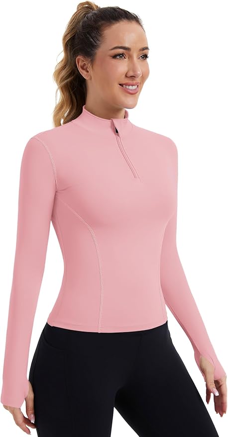 ZHENWEI Womens Workout Tops Long Sleeve Quarter Zip Pullover Quick Dry Golf Shirt Athletic Slim Fit Crop Yoga Gym Tops