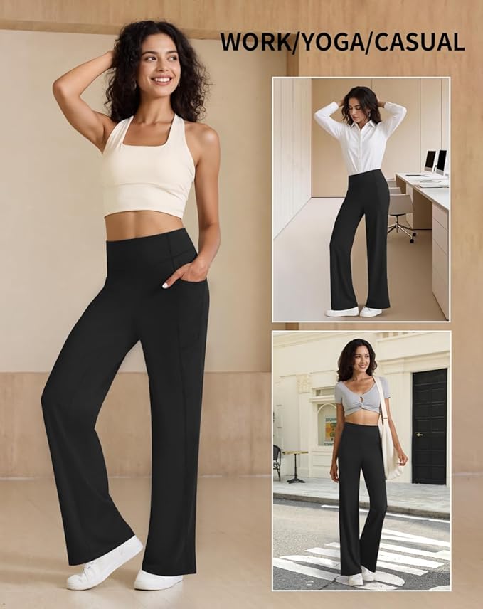 Womens High Waist Yoga Pants Stretchy Casual Trousers Straight Leg Pull On Side Pockets