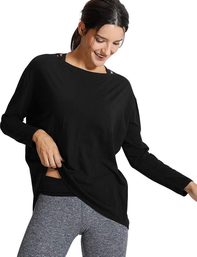 CRZ YOGA Pima Cotton Boat Neck Long Sleeve Shirts for Women - Workout Athletic Yoga Casual Tops Loose Fit Fall T-Shirts