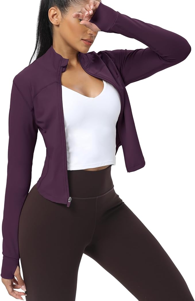 AVGO Women's Cropped Running Workout Jackets Zip Slim Fit Athletic Tops with Thumb Holes