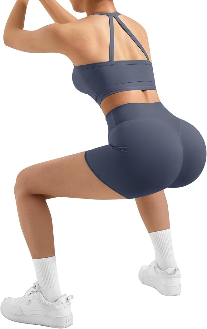 SUUKSESS Women 2 Piece Workout Sets High Waisted Tummy Control Biker Shorts Halter Padded Tank Tops