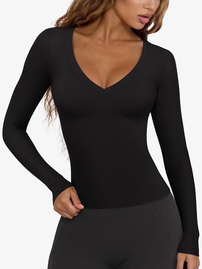 LASLULU Womens Long Sleeve Sexy V Neck T Shirts Basic Workout Tops Athletic Yoga Casual Crop Top