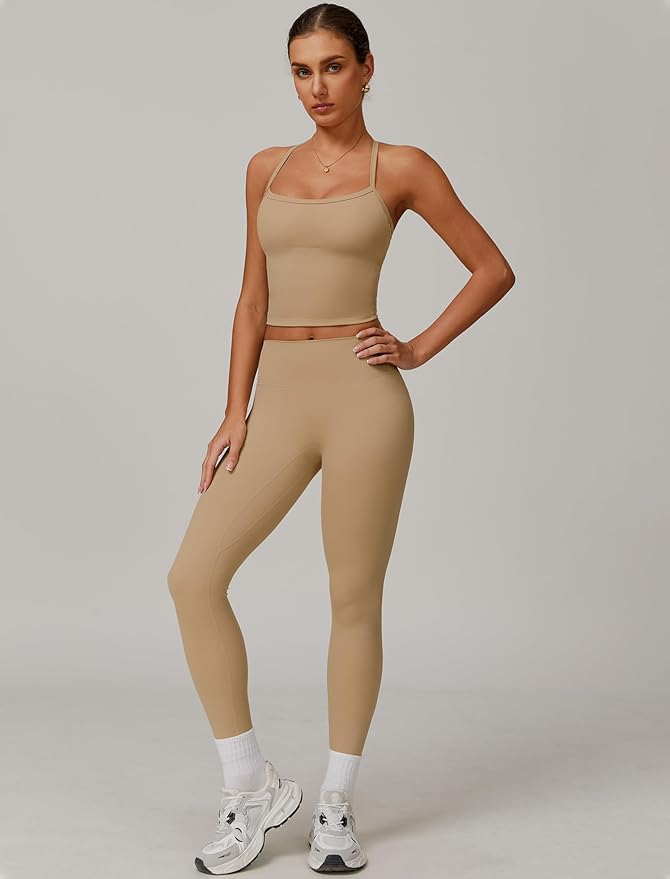QBGJTD Womens Workout Sets Two Piece Cross Back Tank Top Matching High Waist Leggings Sets Gym Outfits Work Out Clothes
