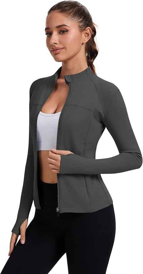 Rapbin Women's Full Zip Workout jackets Runing Slim Fit Athletic Tops With Thumb Holes