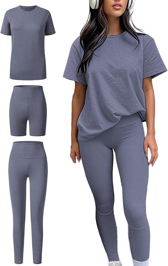 ZFLM casual sportswear 3-piece set high waist tight pants yoga pants short sleeved round neck yoga set