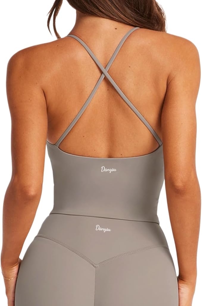 Danysu Sculpt Workout Tank Tops Women Backless Longline Sports Bras Strappy Padded Yoga Top