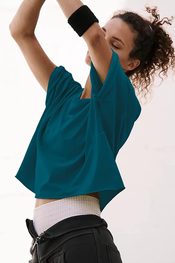 Women's Oversize Workout Crop Tops Casual Short Sleeve Drop Shoulder Boxy T-Shirts Roll Hem Basic Loose Yoga Running Tees