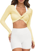 Yousify Womens Long Sleeve Workout Crop Tops Twist Deep V Neck Y2k Yoga Pilates Ballet T Shirt Top with Thumb Holes
