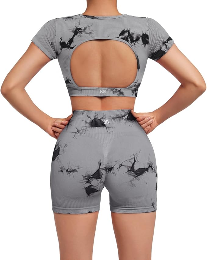 SUUKSESS Womens Workout Sets Open Back Gym Sets Woman Yoga Pilates Crop Tank High Waisted Bike Shorts