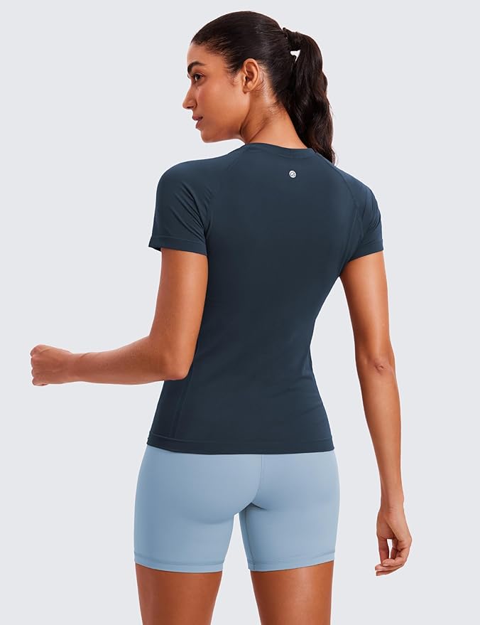 CRZ YOGA Seamless Workout Tops for Women Hip Length - Athletic Running Gym Yoga Short Sleeve Shirts Breathable Crewneck Tees
