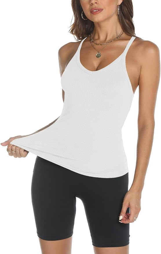 Trendy Queen Womens Racerback Ribbed Tank Tops Soft Stretch V Neck Workout Casual Tops Summer Sleeveless Crop Camisole