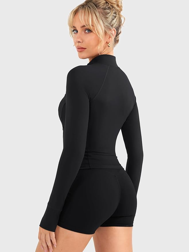 YEOREO Women Full Zip Workout Jacket with Pockets Thumb Hole Long Sleeve Athletic Cropped Jackets Gym Yoga Top