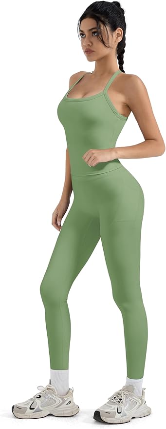 SUUKSESS Women 2 Piece Workout Sets Compression Tummy Control Leggings with Pockets Halter Built in Bra Tank Tops