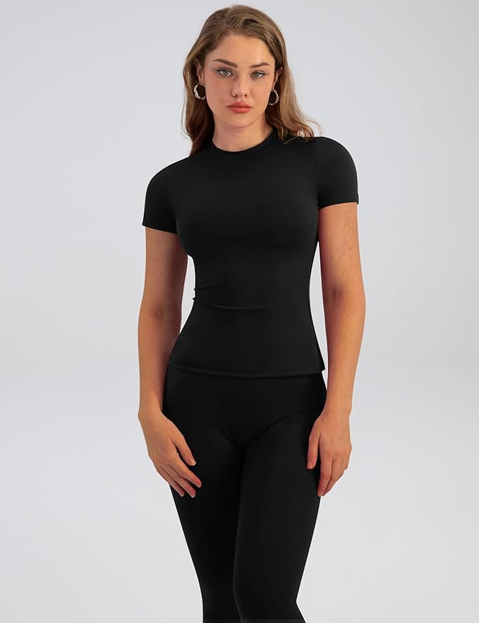 Relety Womens Two Piece Workout Sets Slim Fit Short Sleeve Shirt High Waist Leggings Yoga Outfits Matching Gym Set