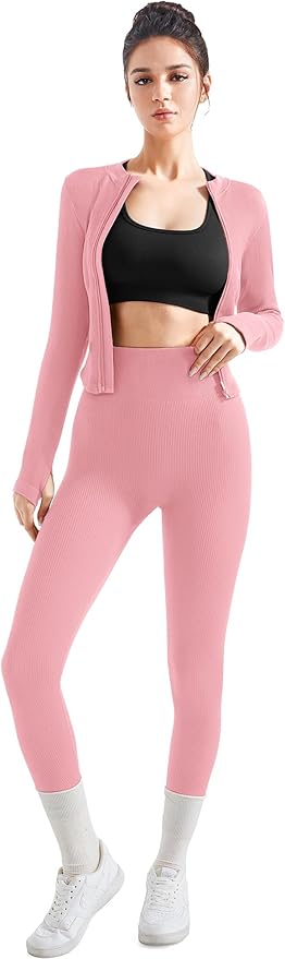 SUUKSESS Women 2 Piece Seamless Ribbed Workout Sets With Zip Up Jacket High Waisted Gym Yoga Leggings