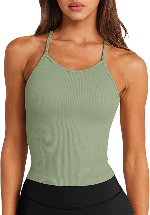LASLULU Womens Sports Bra Seamless Long Crop Tank Racer Back Spaghetti Strap Workout Yoga Bra Padded Halter Neck Casual Tops