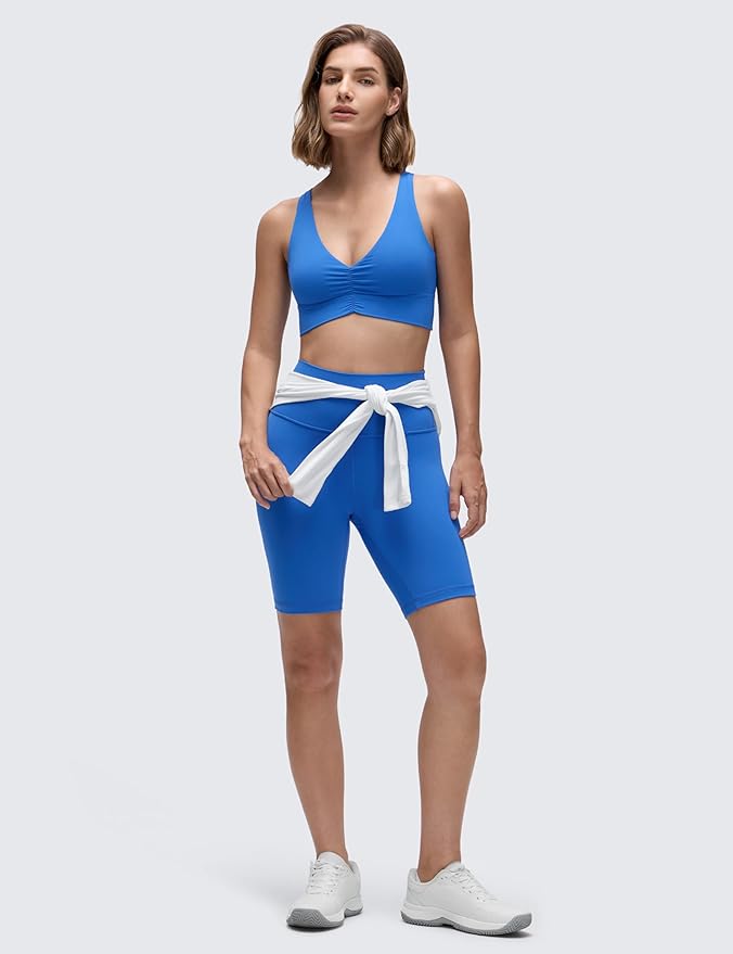 CRZ YOGA Butterluxe Ruched Longline Sports Bras for Women - V Neck Padded Yoga Tank Wide Straps Cross Back Crop Tops