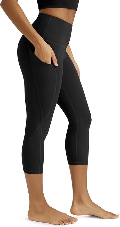 ODODOS Women's High Waisted Yoga Capris with Pockets, Tummy Control Non See Through Workout Athletic Running Capri Leggings