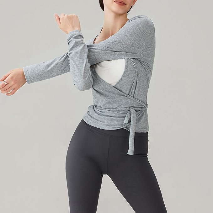 Women Wrap Tie Top Y2k Long SLeeve Ballet Workout Yoga Shirt Coquette Blouses