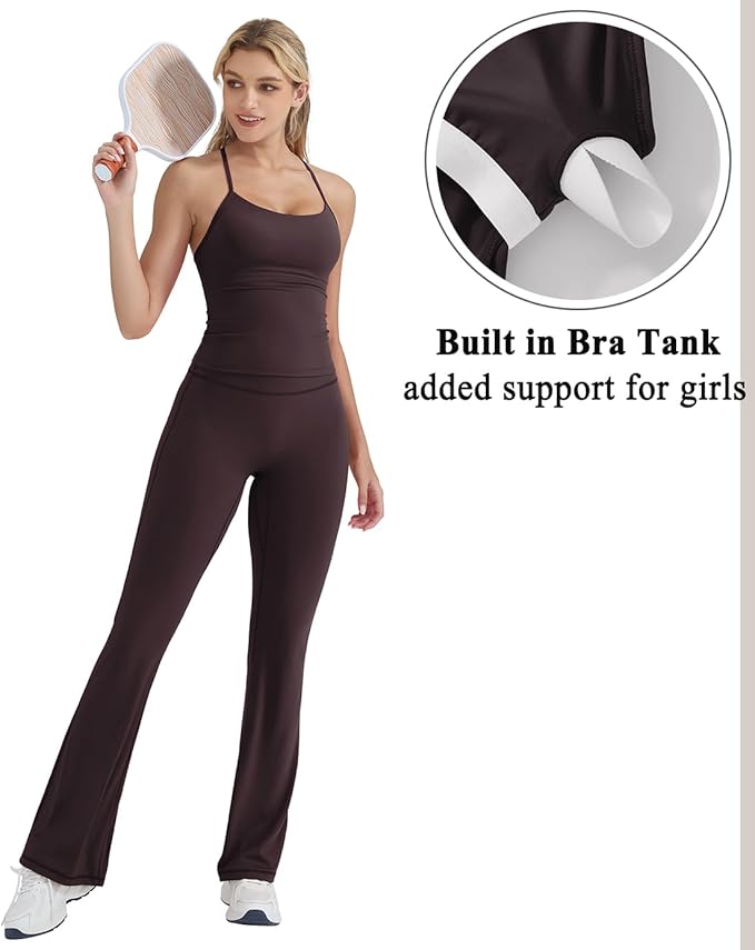 OMKAGI 2 Piece Workout Sets for Women Padded Tank Tops Flare Leggings Pilates Outfits