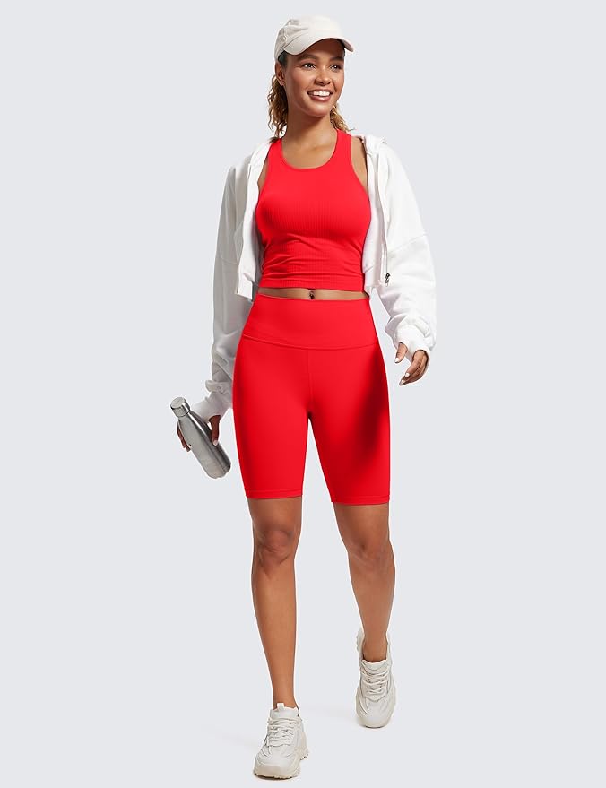 CRZ YOGA Seamless Ribbed High Neck Crop Tank Tops for Women - Longline Racerback Padded Sports Bras